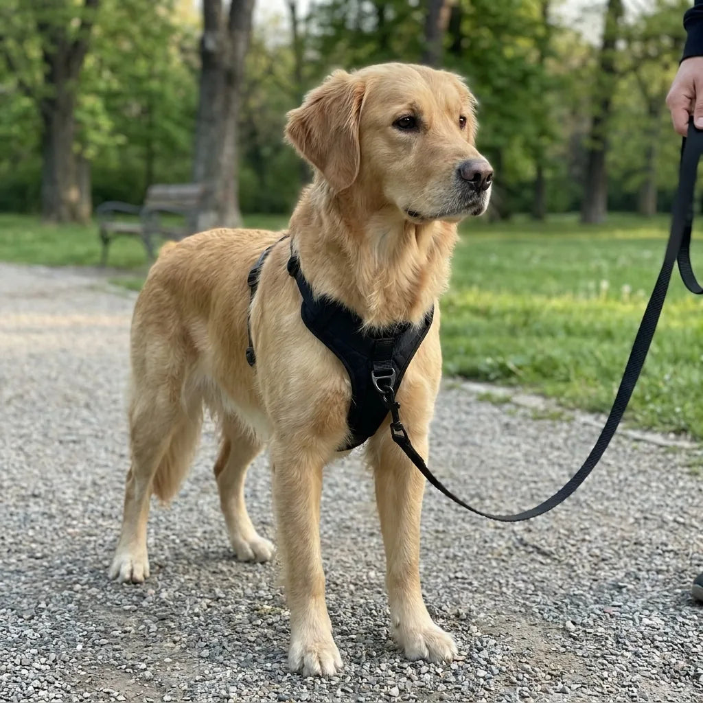 Chien avec harnais en balade