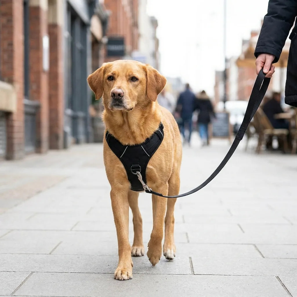 Chien avec harnais Woufie en ville
