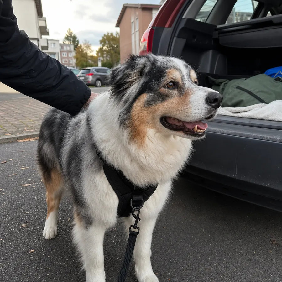 Chien équipé du harnais FurLift près d’une voiture