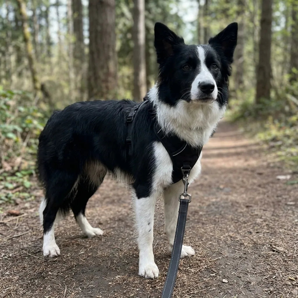 Chien noir et blanc équipé du harnais FurLift en forêt