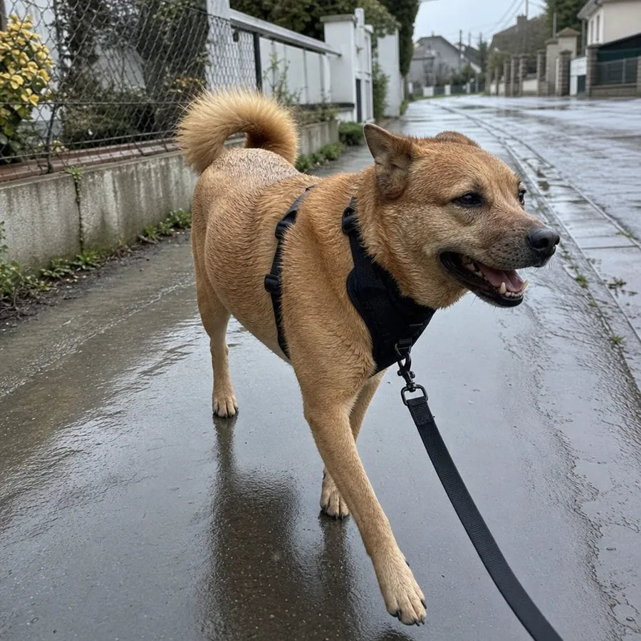 Chien équipé du harnais FurLift sous la pluie